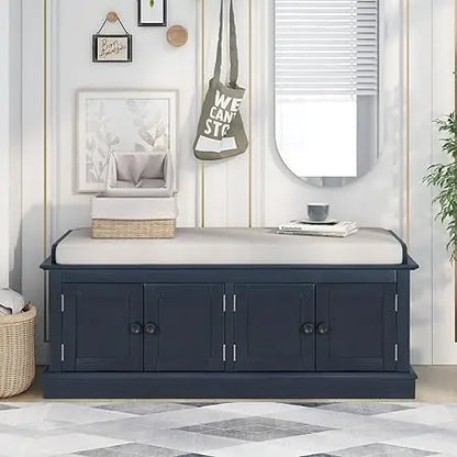 Rustic Storage Bench with 4 Doors and Adjustable Shelves