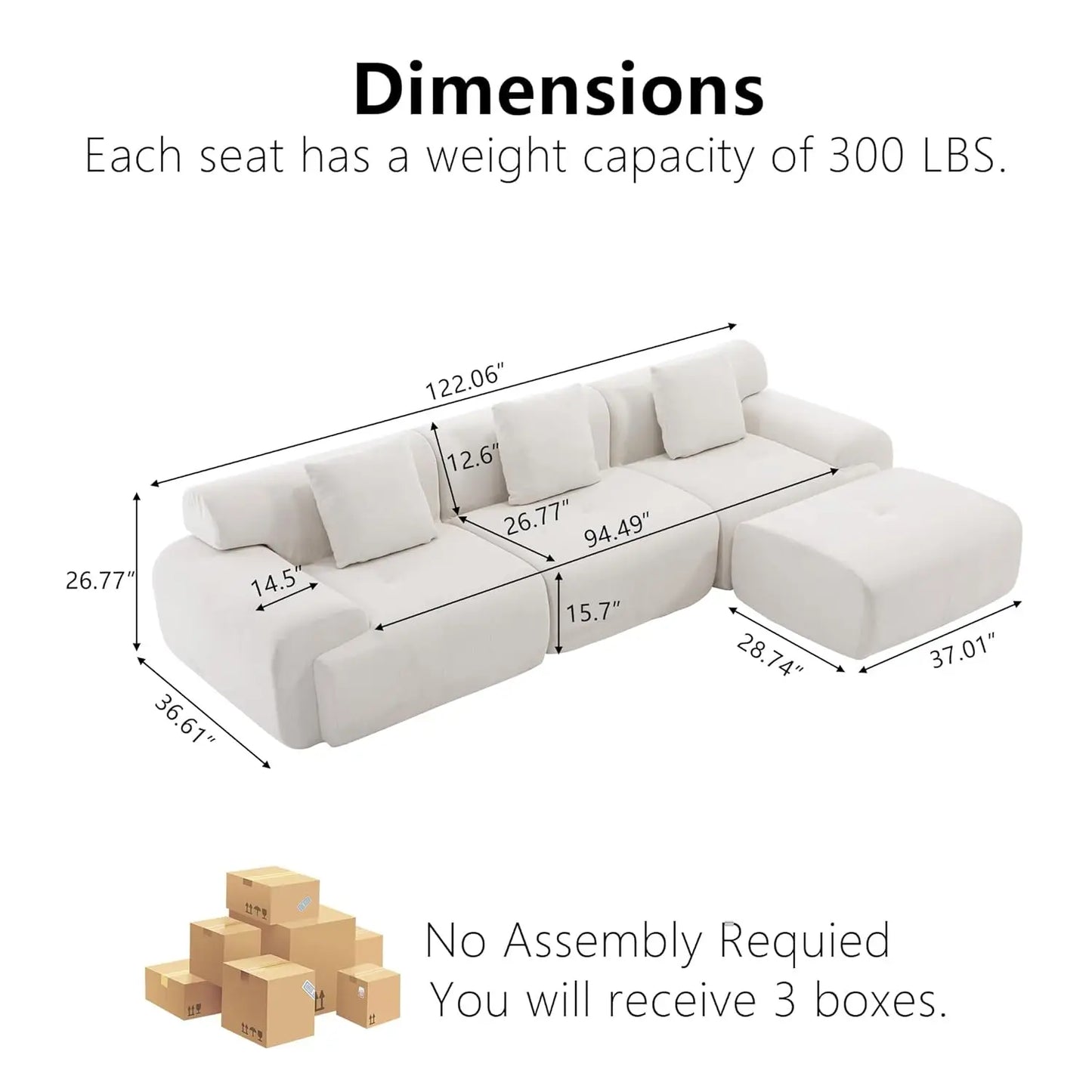 122" Boneless Modular Sectional Sofa with Ottoman
