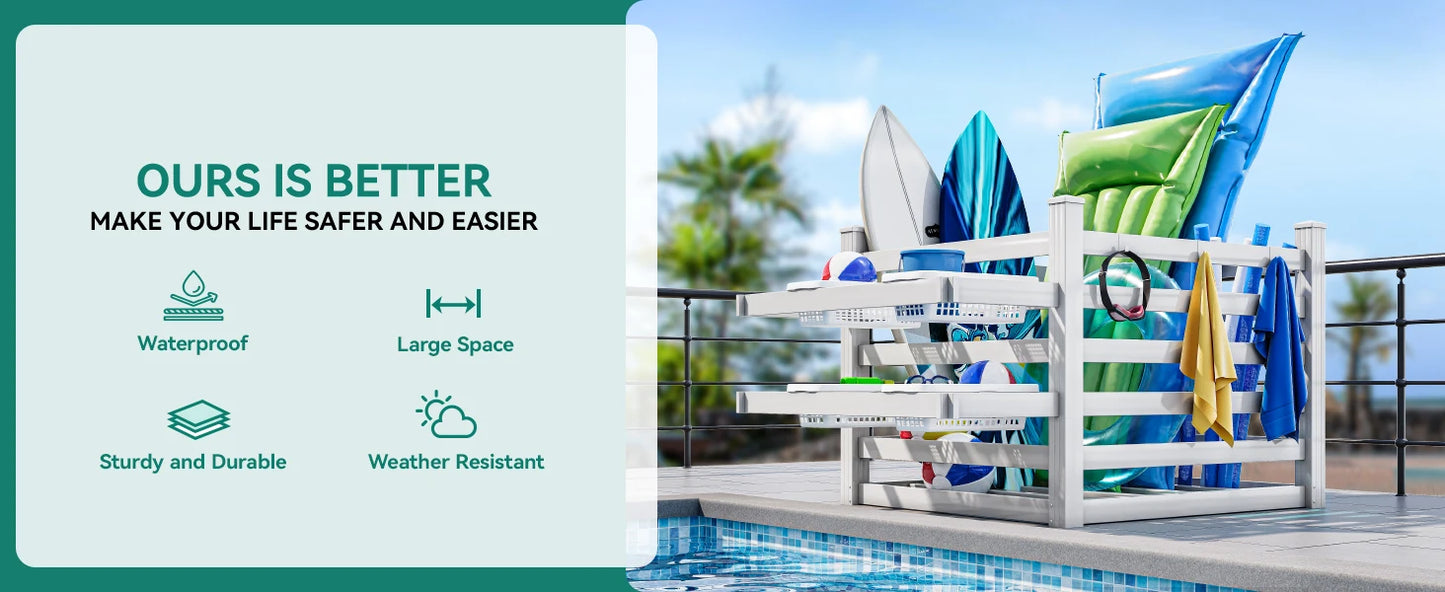 Pool Storage Bins with Towel Rack