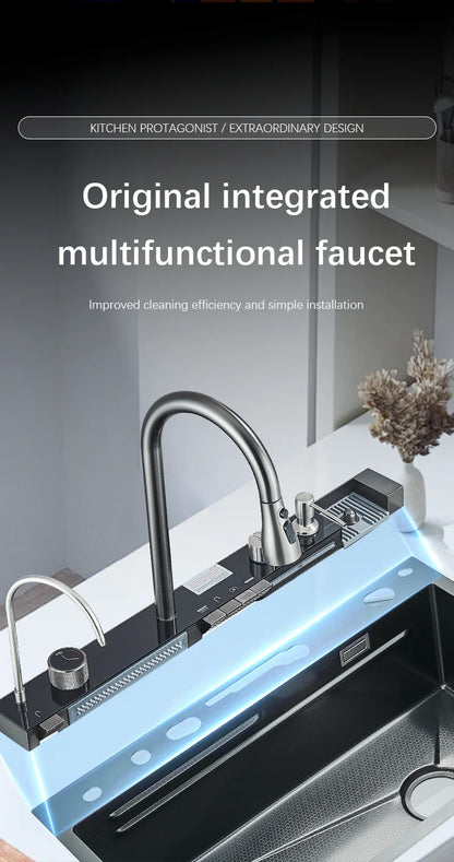 304 Stainless Steel Waterfall Kitchen Sink with Digital Display