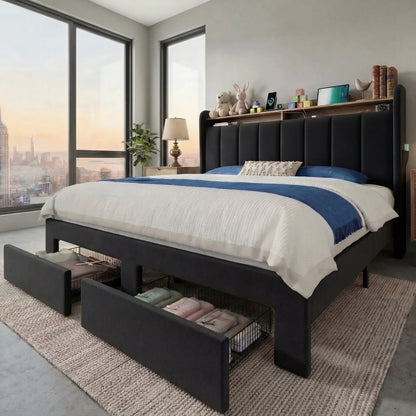 Full/Queen/King Bed Frame, 2 Storage Drawers/2-Tier Shelves
