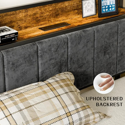 Metal Platform Bed Frame, Storage Headboard