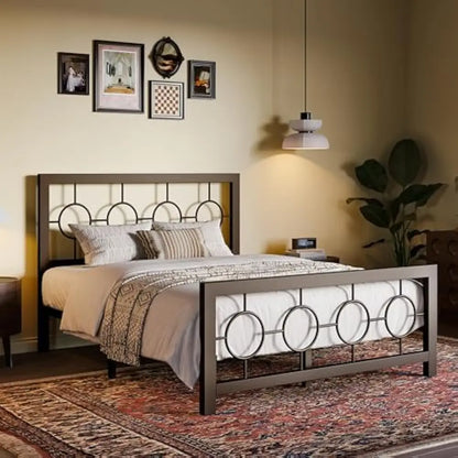 Full Size Bed Frame with Vintage Circular Design