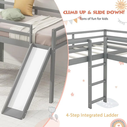 Twin Size Double Loft Bed with Slide and Ladder