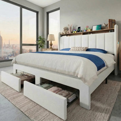 Full/Queen/King Bed Frame, 2 Storage Drawers/2-Tier Shelves