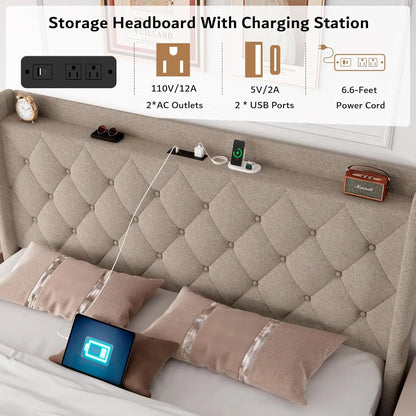 Queen Size Lift Up Storage Bed Frame with Charging Station