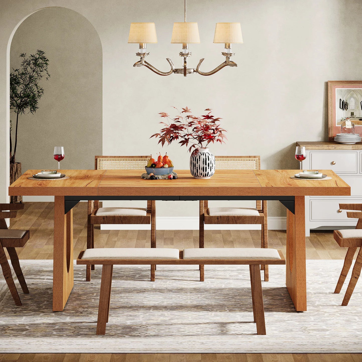 70.9-Inch Wood Rustic Rectangular Table with Black Wooden Legs
