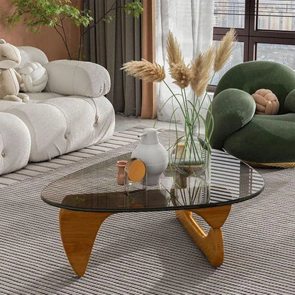Triangle Glass Coffee Table with Wooden Base for Study Room Office Hotel