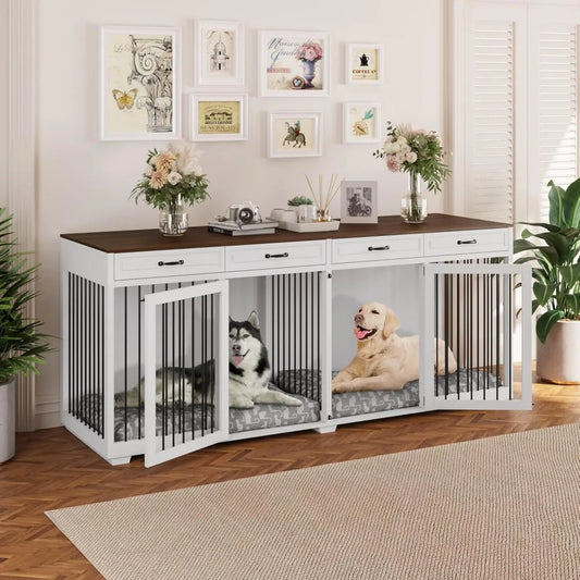92.9" Super Large Dog Crate Furniture, with 4 Drawers and Divider