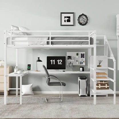 White Queen Loft Bed with L-shaped Desk