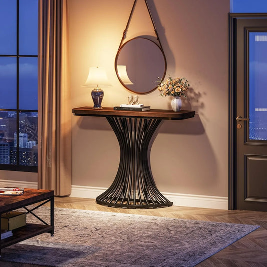 Industrial Entryway Table with Geometric Metal Base.