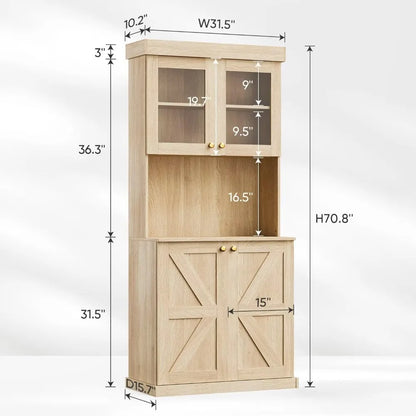 71" Farmhouse Kitchen Pantry Cabinet Set of 3, Brown Freestanding Coffee Bar Hutch with Glass Doors & Adjustable Shelves, Large