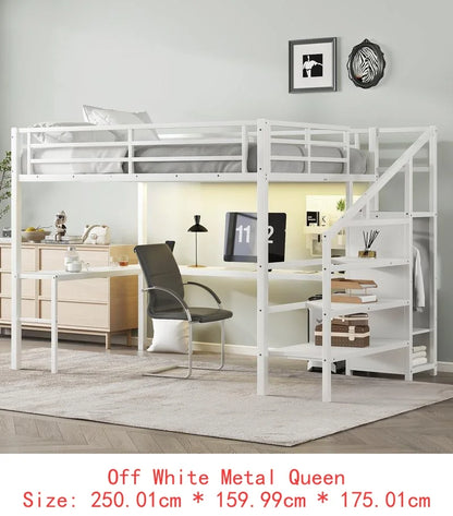 White Queen Loft Bed with L-shaped Desk
