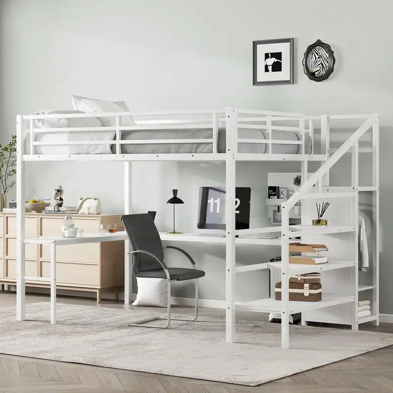 White Queen Loft Bed with L-shaped Desk