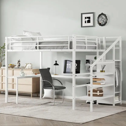 White Queen Loft Bed with L-shaped Desk