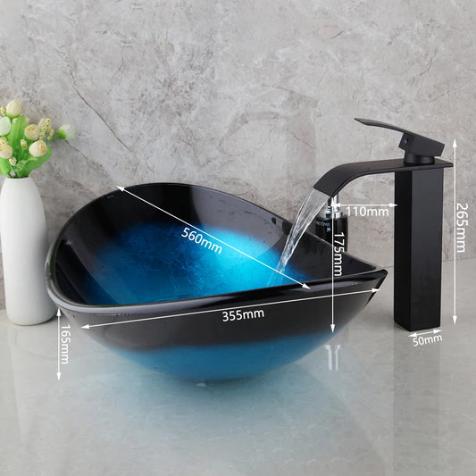 Tempered Glass Washbasin Vessel Sink with Black Waterfall Faucet