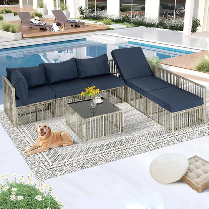 7 Pieces Outdoor Patio Furniture Set with Adjustable Backrest Sofa