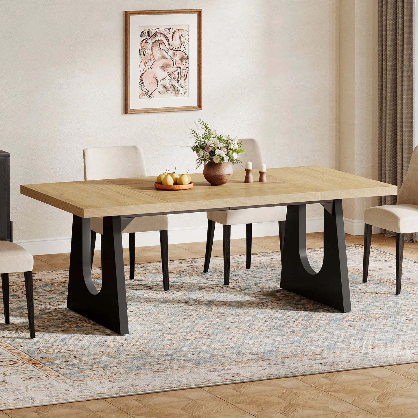 70.9-Inch Wood Rustic Rectangular Table with Black Wooden Legs