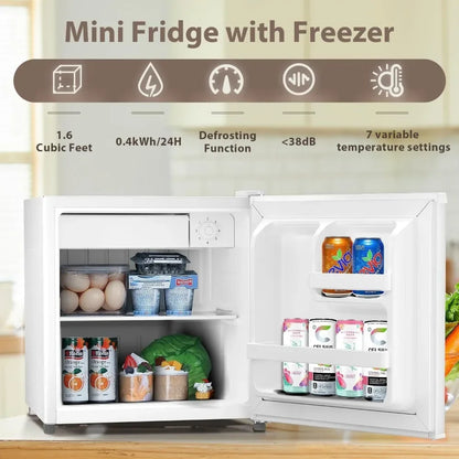 1.6 Cu.ft Mini Fridge with Freezer, Removable Shelves, Adjustable Thermostat