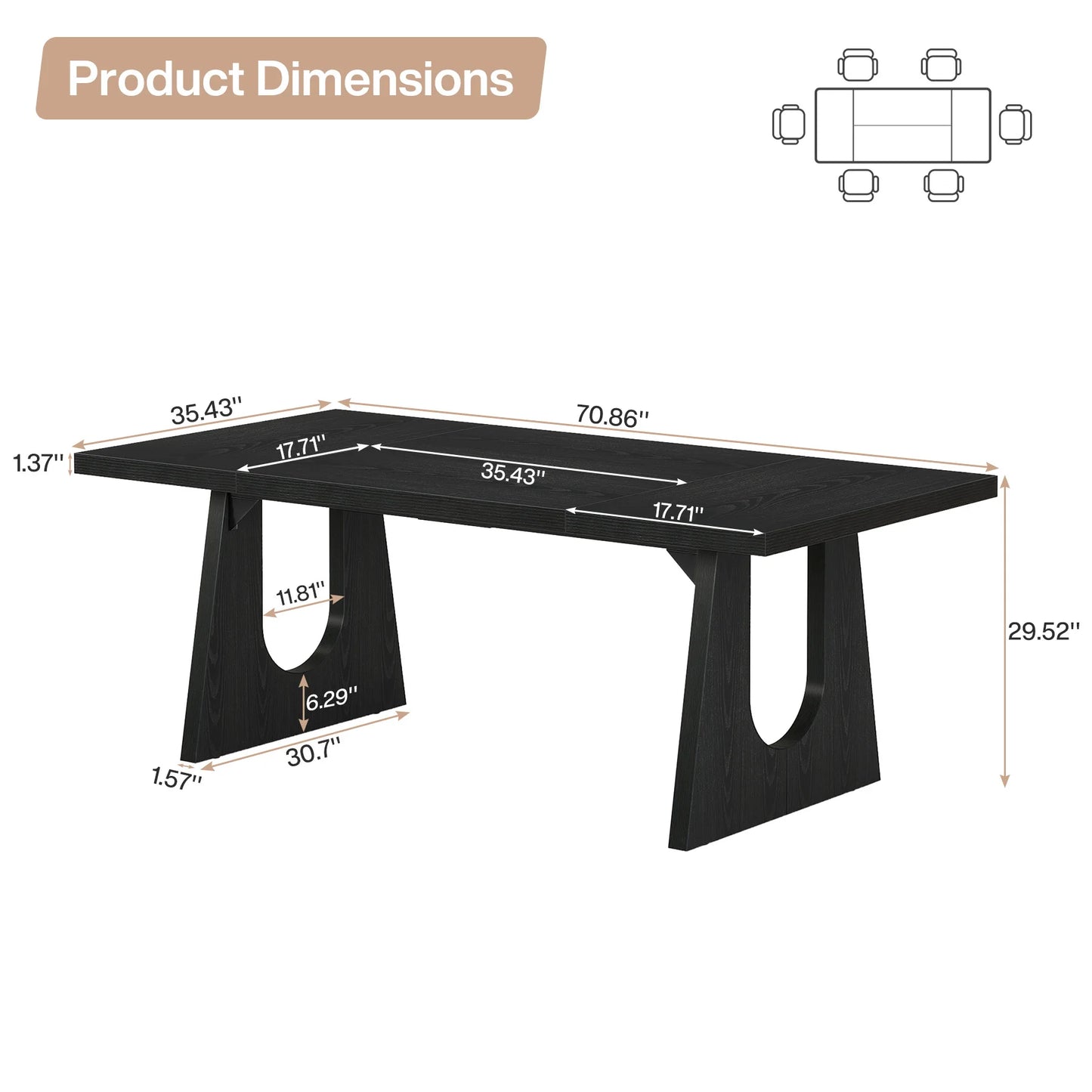 70.9-Inch Wood Rustic Rectangular Table with Black Wooden Legs