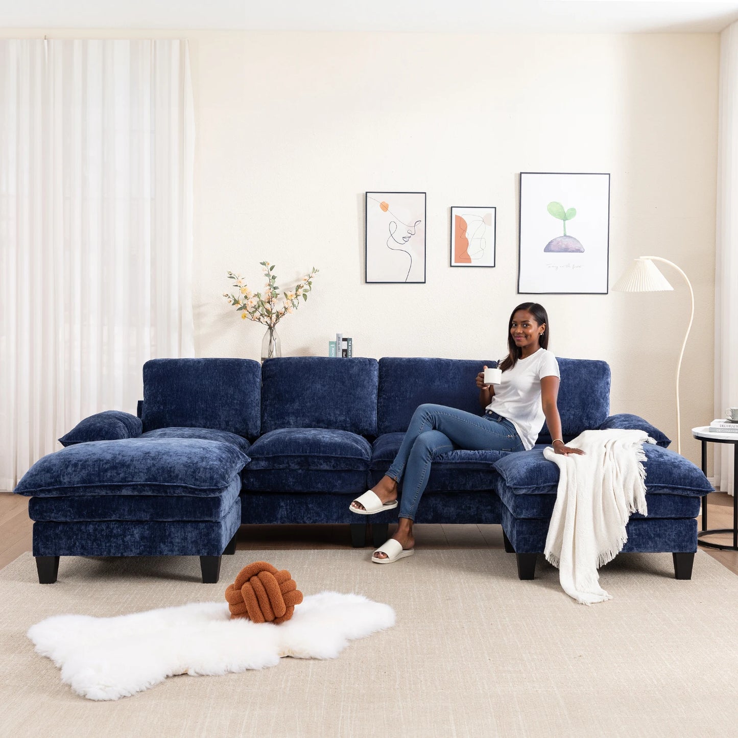 122-Inch 6-seats Double Foam Cushion Convertible Sectional