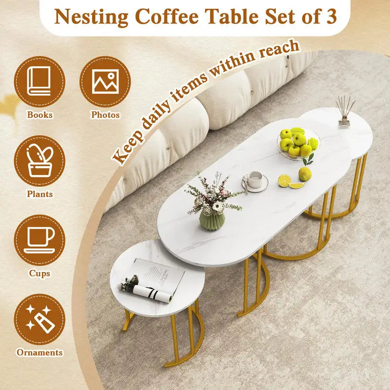 Set of 3 Coffee Table with Marble top
