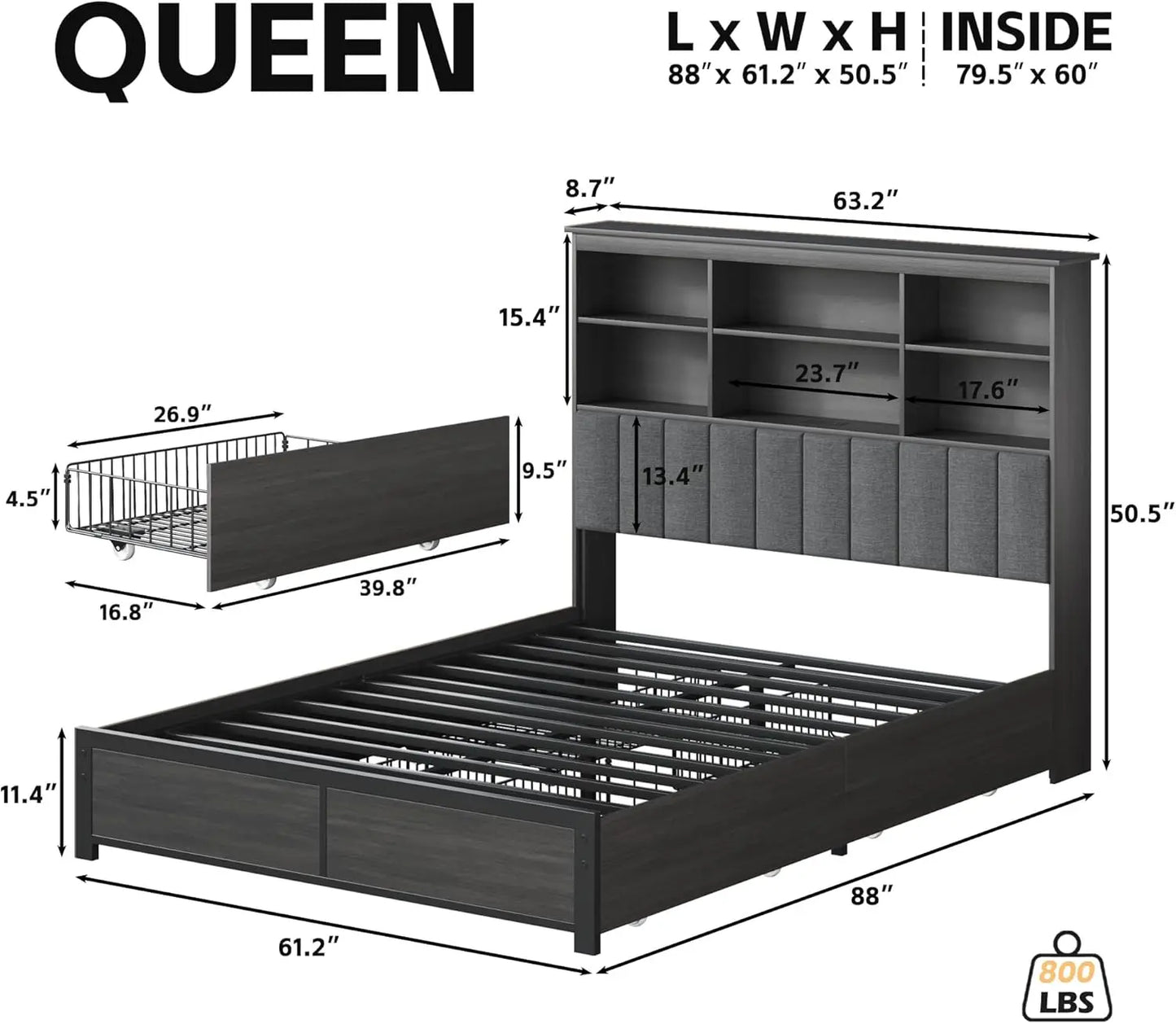 Queen Bed Frame with Storage Headboard