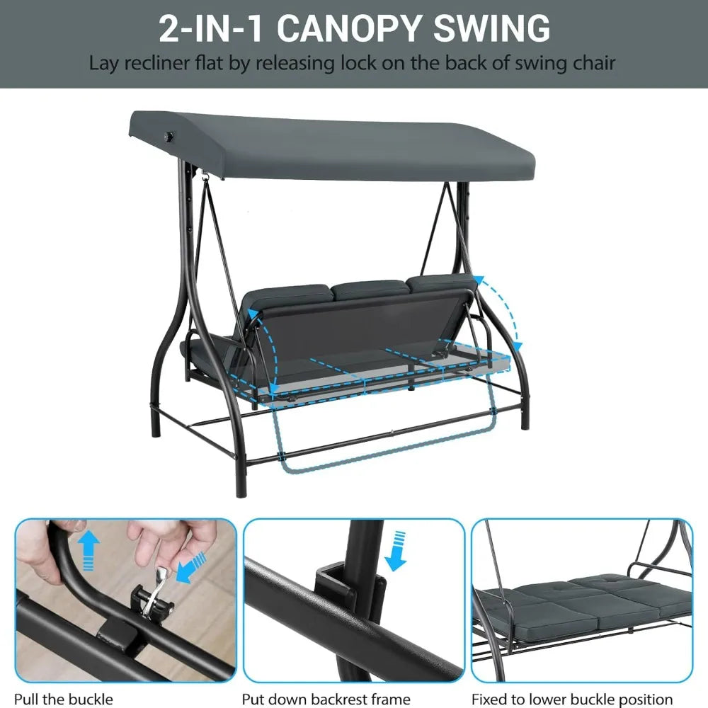 3-Seat Patio Swing with Adjustable Canopy