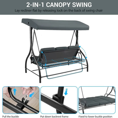 3-Seat Patio Swing with Adjustable Canopy