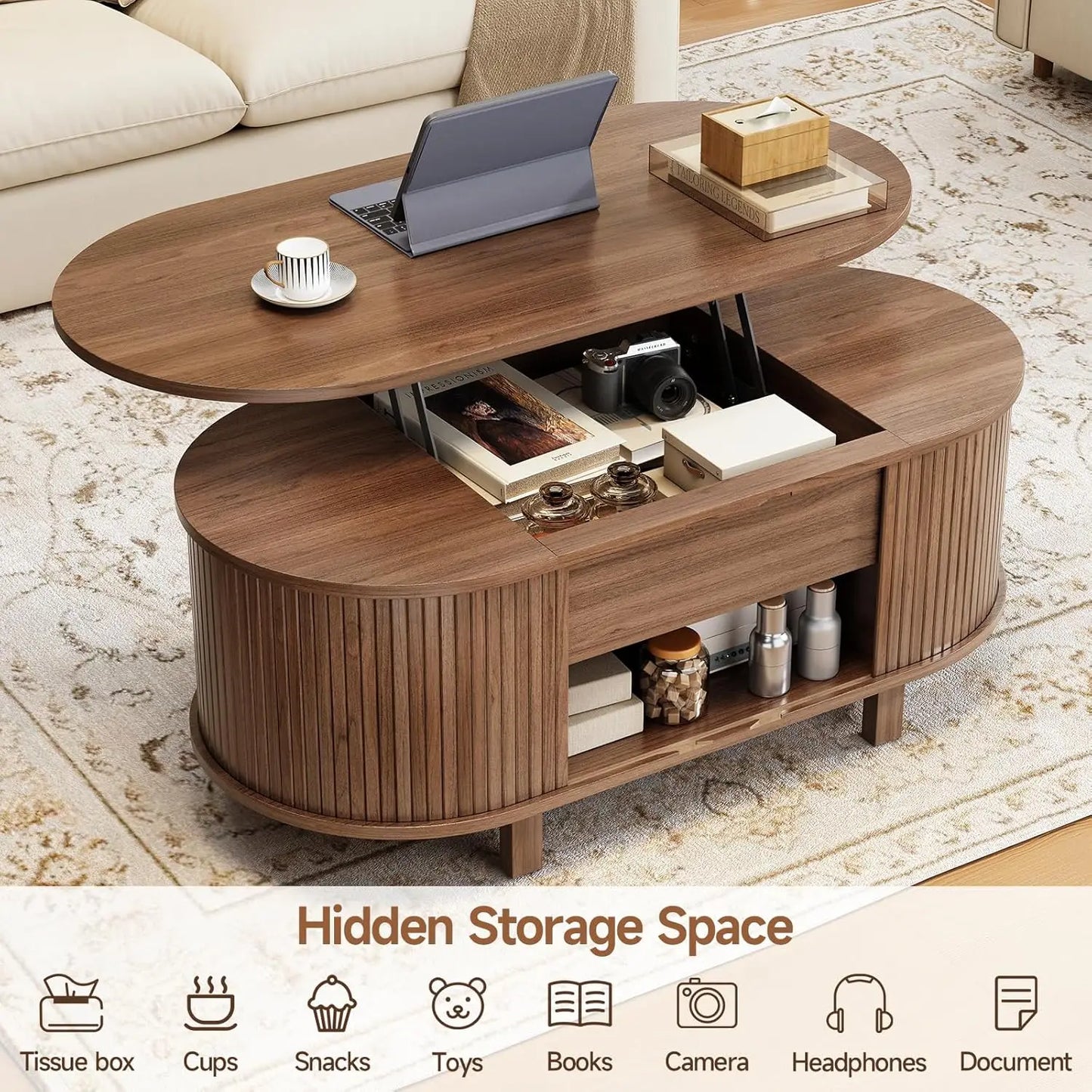 43.3" Oval Lift Top Coffee Table with Sliding Door