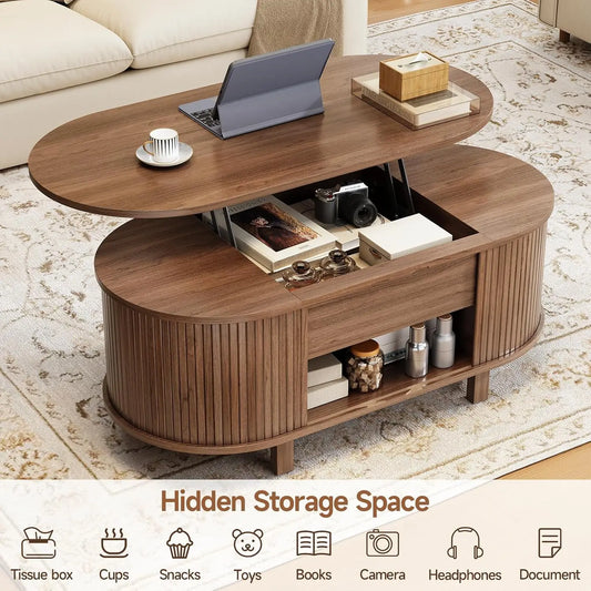 43.3" Oval Lift Top Coffee Table with Sliding Door