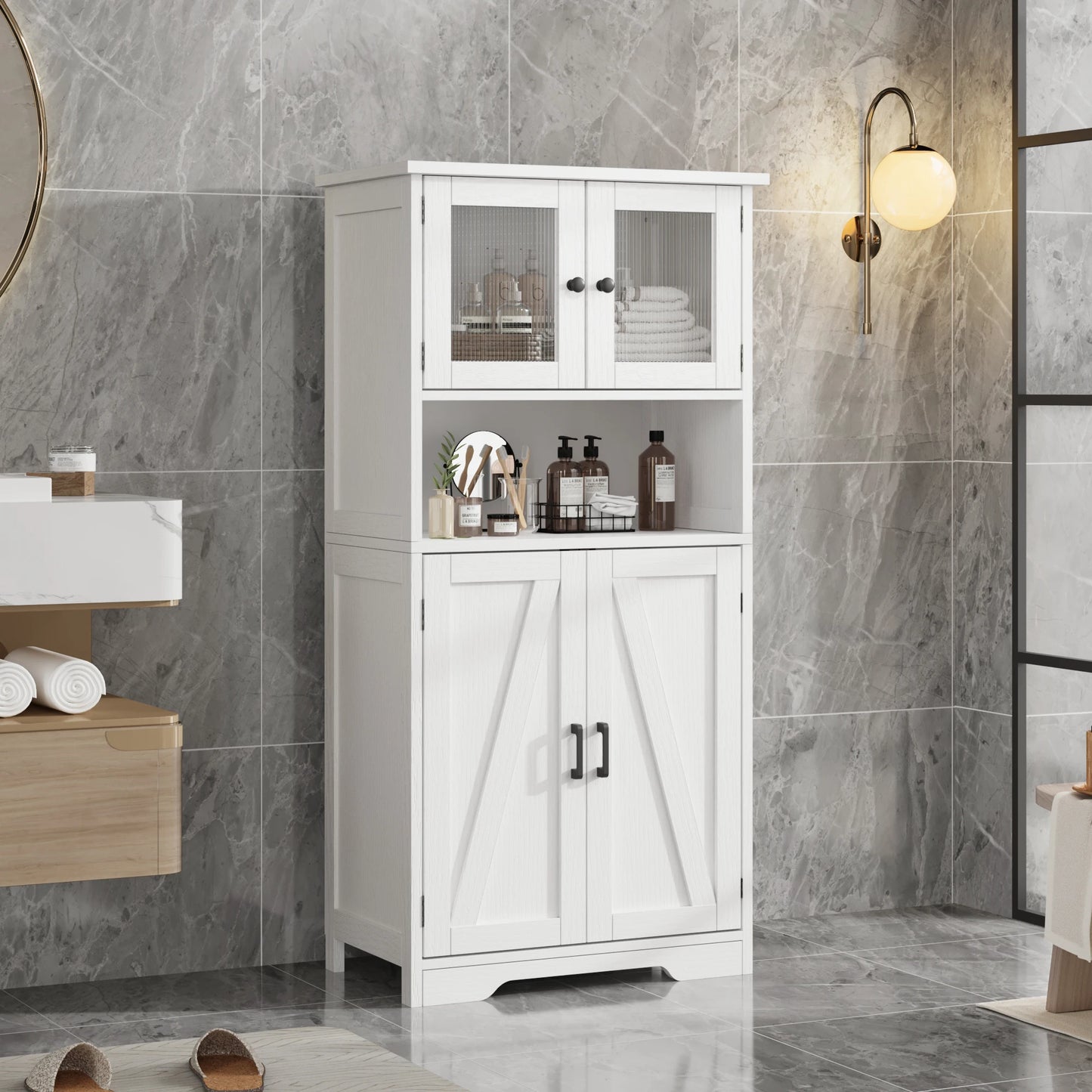 Freestanding Pantry Storage Cabinet with Glass Doors