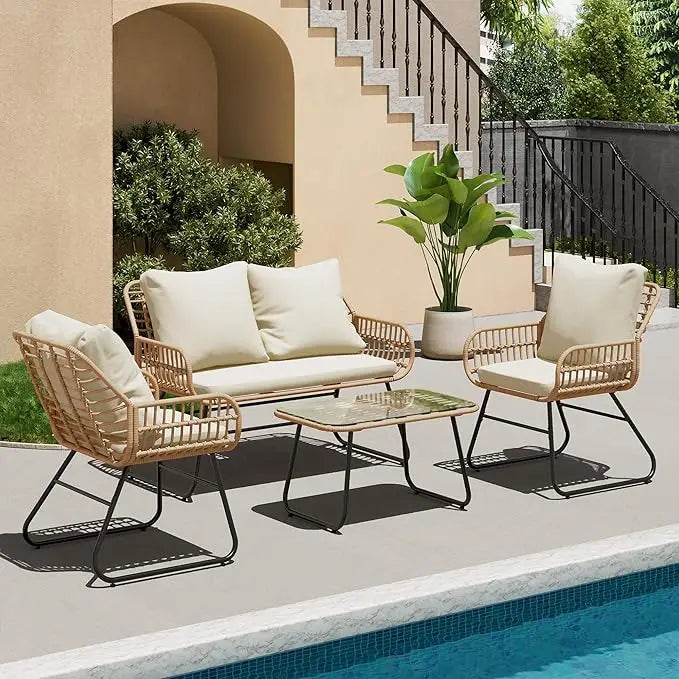 4-Piece Wicker Outdoor Patio Furniture Set with Cushions