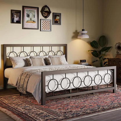 King Queen Size Metal Bed Frame with Vintage Circular Design