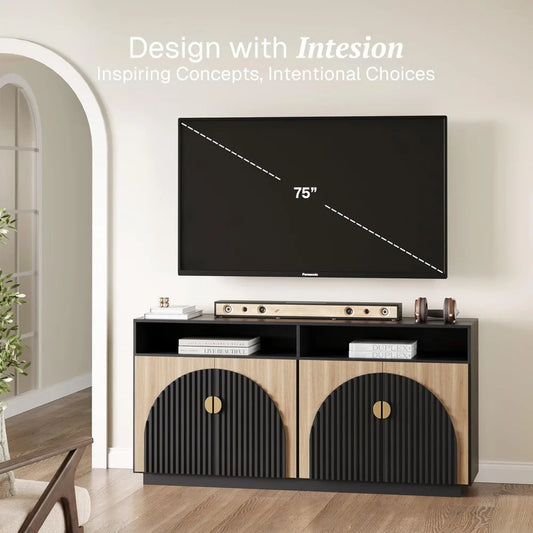 65-Inch Fluted TV Stand, with Storage Cabinets