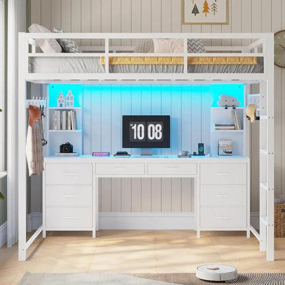 Full Size Loft Bed with Desk and 8 Storage Drawers