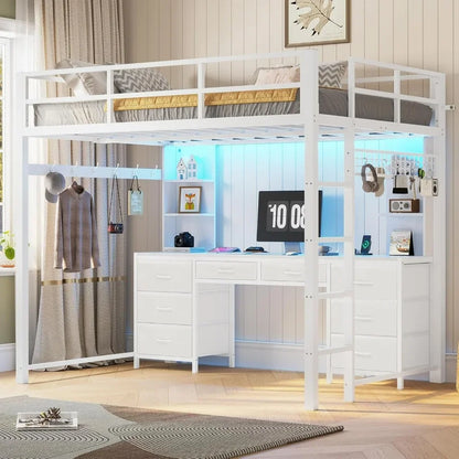 Full Size Loft Bed with Desk and 8 Storage Drawers