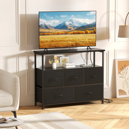 TV Stand with 5 Fabric Dresser with Charging Station