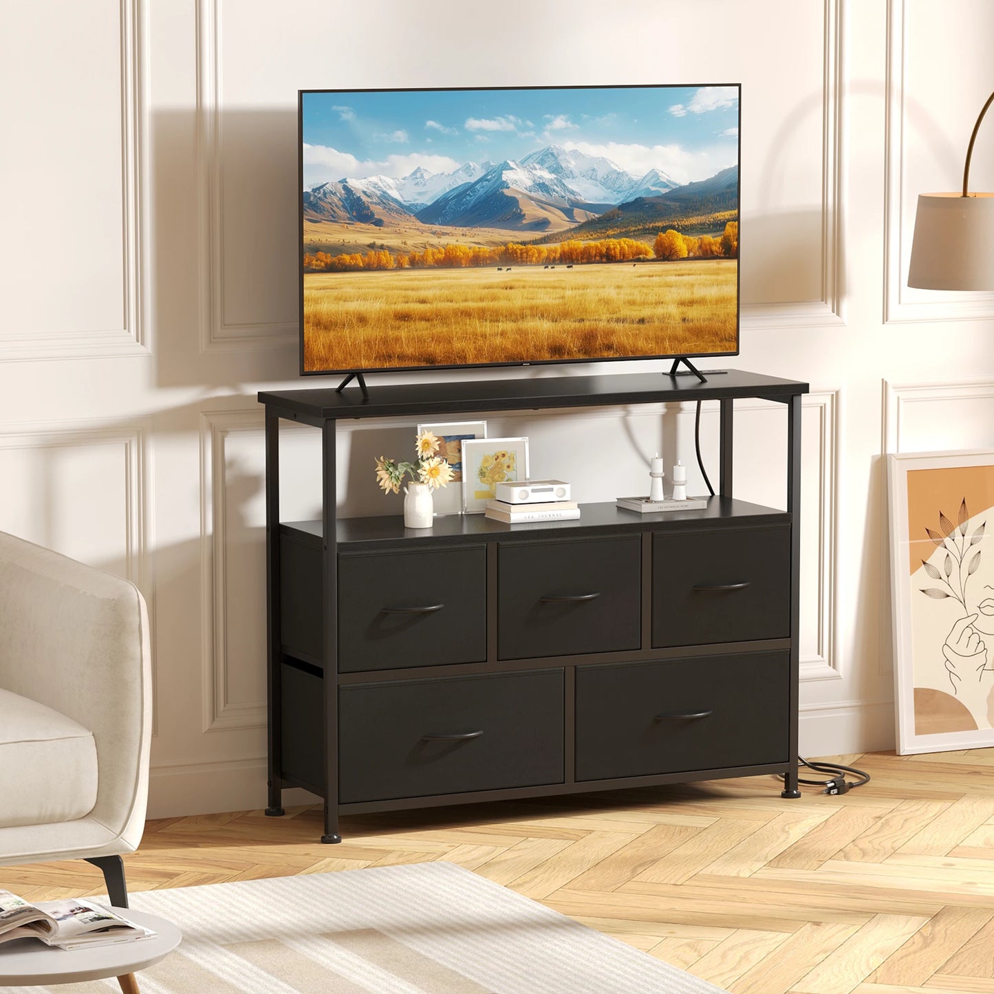 TV Stand with 5 Fabric Dresser with Charging Station