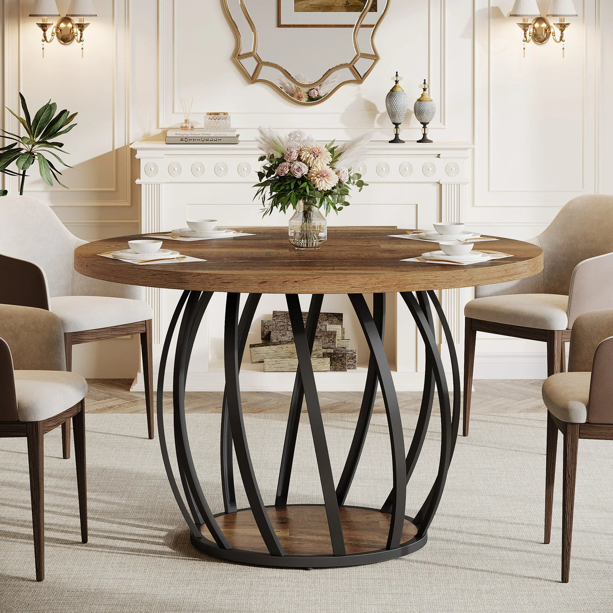 46-Inch Wood Kitchen Table with Sturdy Metal Base