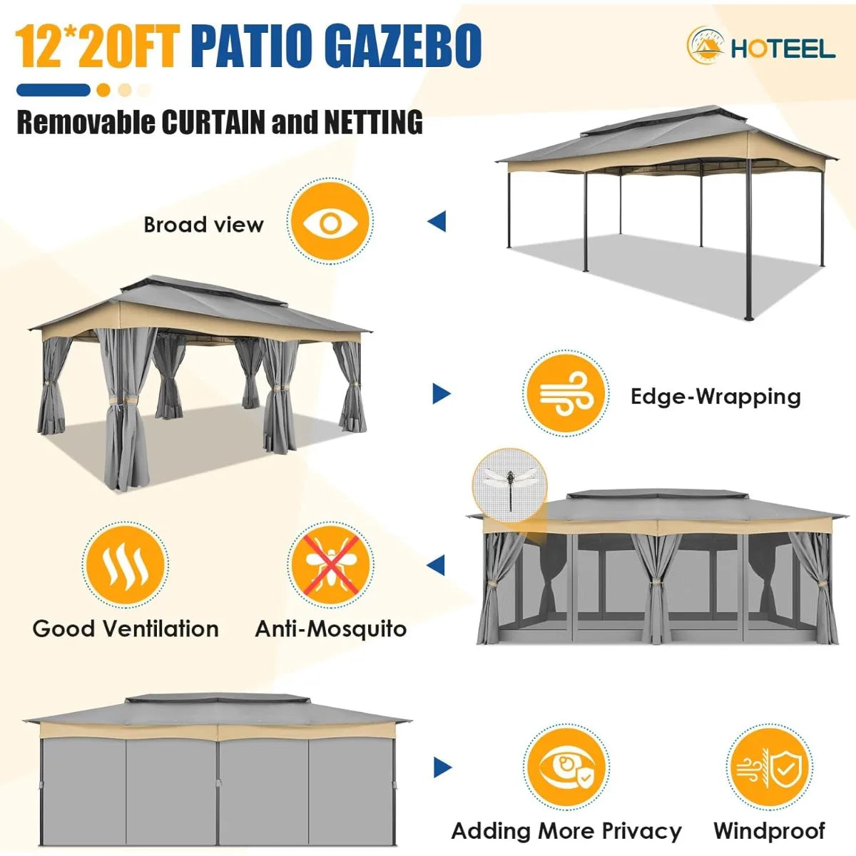 12x20 Outdoor Gazebo with Double Ventilated Roof