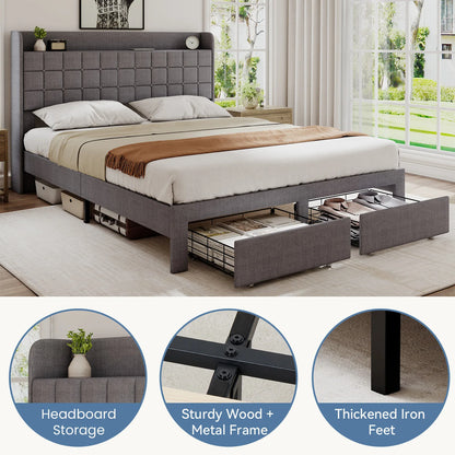 Upholstered Platform Bed Frame Wooden Slats Support 1323 lbs.