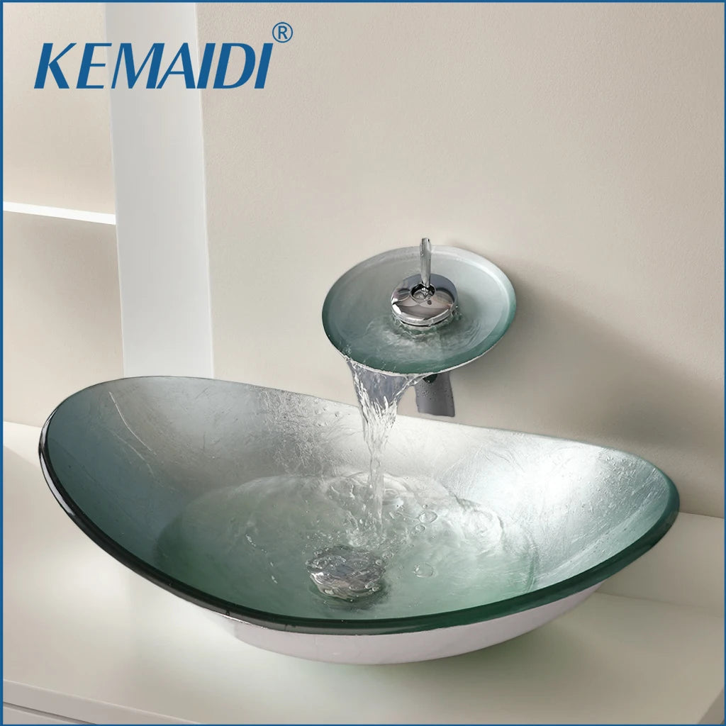 Tempered Glass Washbasin with Waterfall Faucet