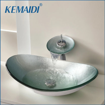 Tempered Glass Washbasin with Waterfall Faucet