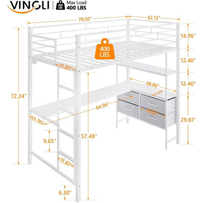Twin Metal Loft Bed Frame With 15" Safety Guardrail