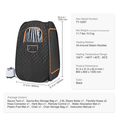 1200-Watt Compact Portable Steam Sauna Tent with Remote Control