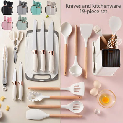 19pcs Food Grade Silicone Brodark Kitchenware Set, Cooking Spoon, Shovel, Cutting Board, Fruit Knife, Chef Knife, Combination Se