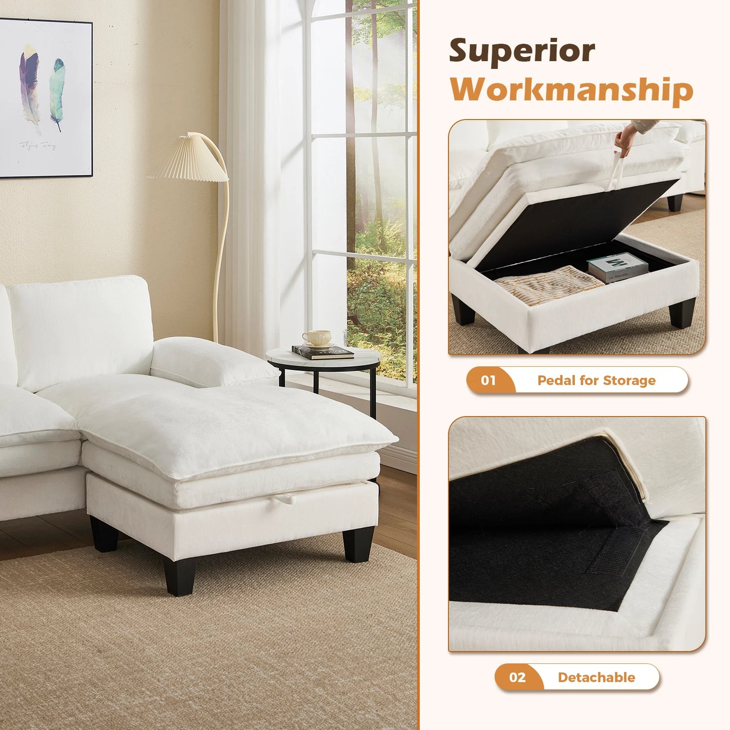 122-Inch 6-seats Double Foam Cushion Convertible Sectional