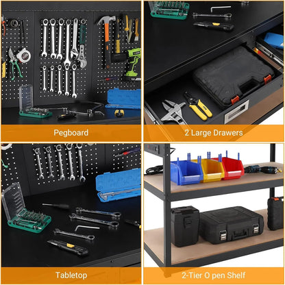 3-Tier Heavy Duty Worktable with 2 Drawers with Hanging Hooks