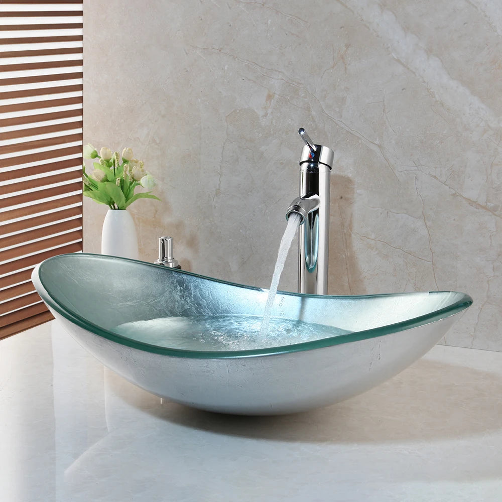 Tempered Glass Washbasin with Waterfall Faucet